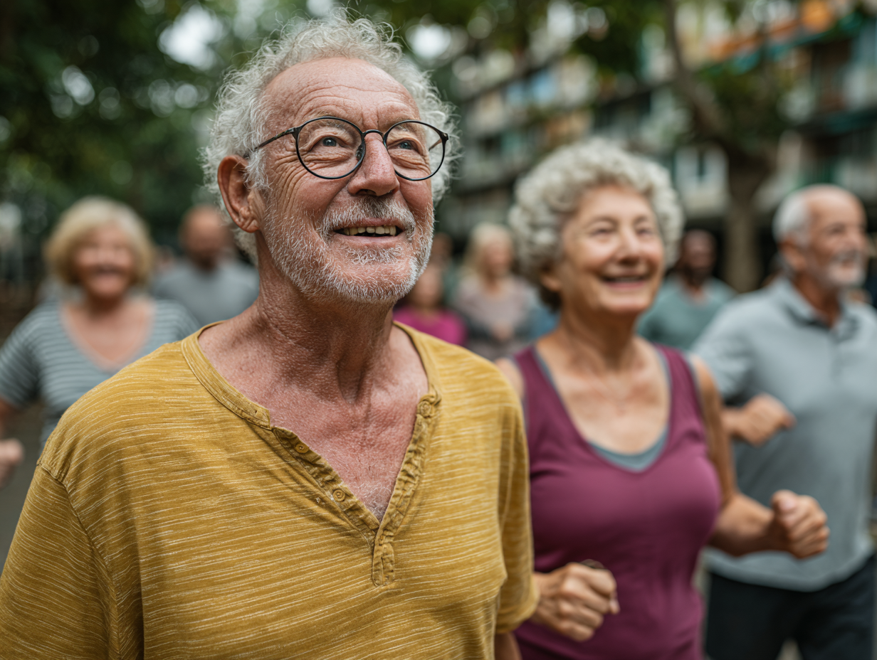 Група активних людей середнього віку займається фітнесом на природі